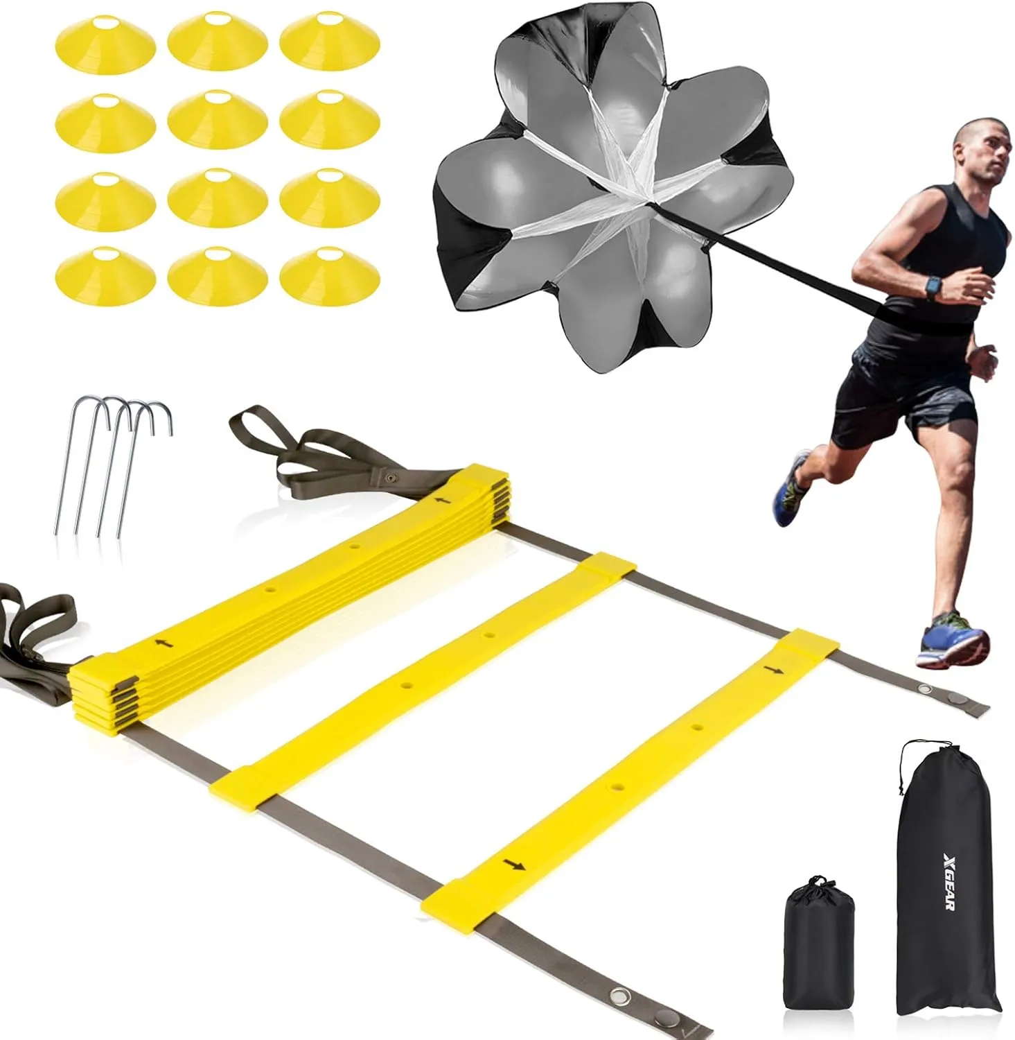 XGEAR Speed & Agility Training Set with TPE Ladder, Resistance Parachute, 12 Disc Cones, 4 Steel Stakes