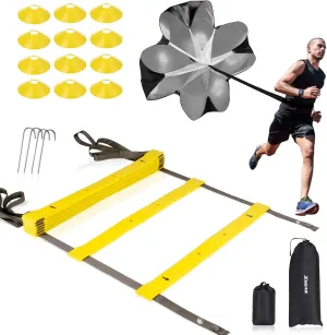 XGEAR Speed & Agility Training Set with TPE Ladder, Resistance Parachute, 12 Disc Cones, 4 Steel Stakes
