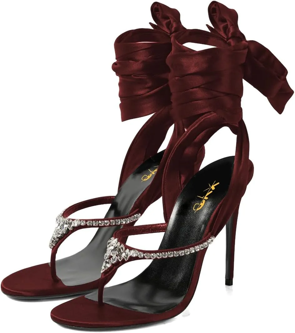 XYD Women Open Split Toe Lace-up Ankle Strappy Sandals Rhinestones Studded Thong High Heels Evening Shoes