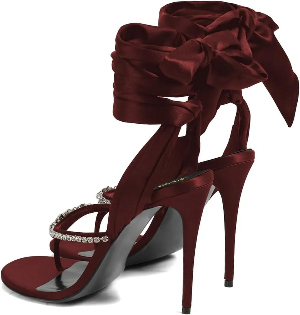 XYD Women Open Split Toe Lace-up Ankle Strappy Sandals Rhinestones Studded Thong High Heels Evening Shoes