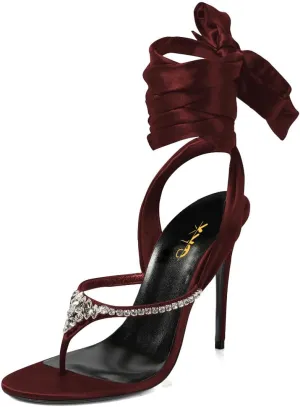 XYD Women Open Split Toe Lace-up Ankle Strappy Sandals Rhinestones Studded Thong High Heels Evening Shoes