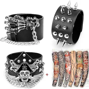 Yariew 3Pcs Spike Studded Rivet Punk Rock Biker Wide Strap Leather Bracelet Chain Wristband Rocker Costume Accessories Adjustable   6Pcs Temporary Tattoo Sleeves…, Faux Leather