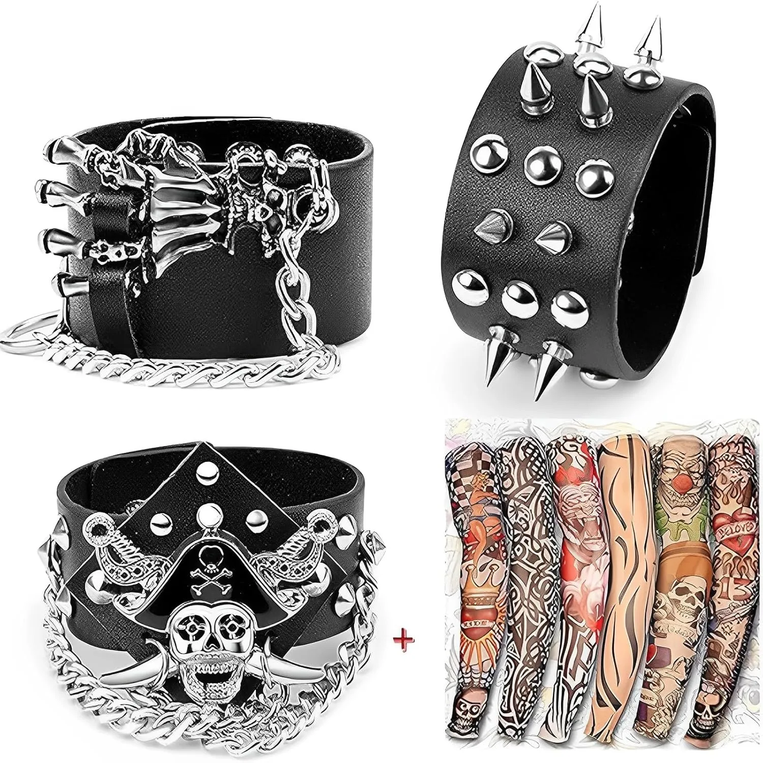 Yariew 3Pcs Spike Studded Rivet Punk Rock Biker Wide Strap Leather Bracelet Chain Wristband Rocker Costume Accessories Adjustable   6Pcs Temporary Tattoo Sleeves…, Faux Leather
