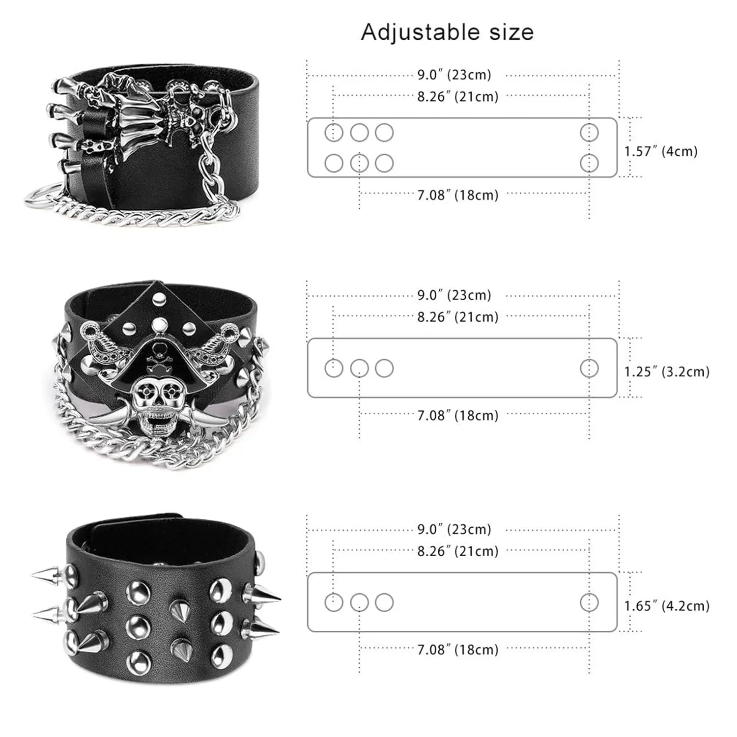 Yariew 3Pcs Spike Studded Rivet Punk Rock Biker Wide Strap Leather Bracelet Chain Wristband Rocker Costume Accessories Adjustable   6Pcs Temporary Tattoo Sleeves…, Faux Leather