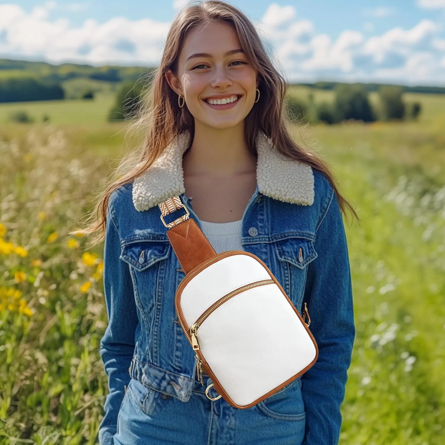 Yarnic Anti Theft Small Sling Bag for Women Men, RFID Cross body Purses Vegan Pu Leather Chest Bag with Adjustable Strap Handbag for Travel Work (White Brown)