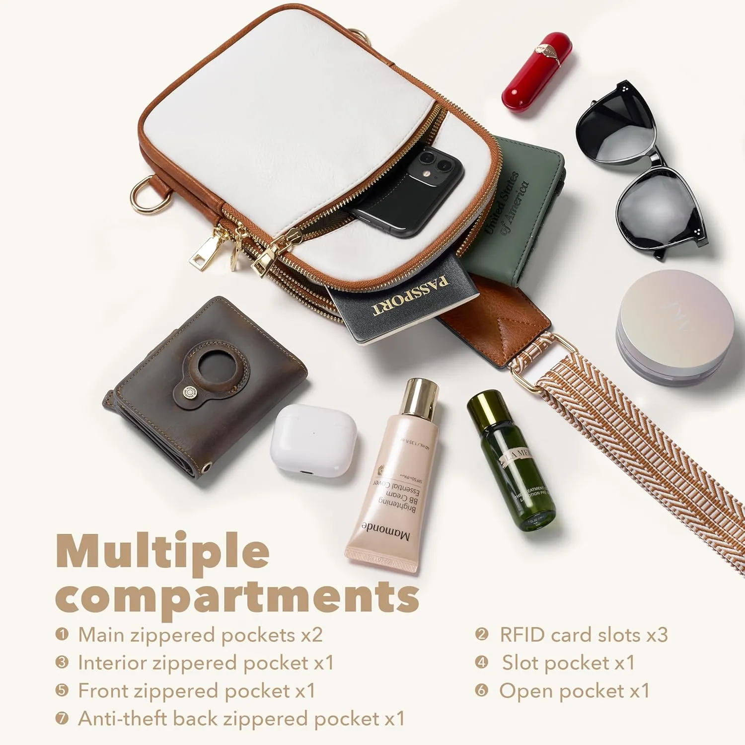 Yarnic Anti Theft Small Sling Bag for Women Men, RFID Cross body Purses Vegan Pu Leather Chest Bag with Adjustable Strap Handbag for Travel Work (White Brown)