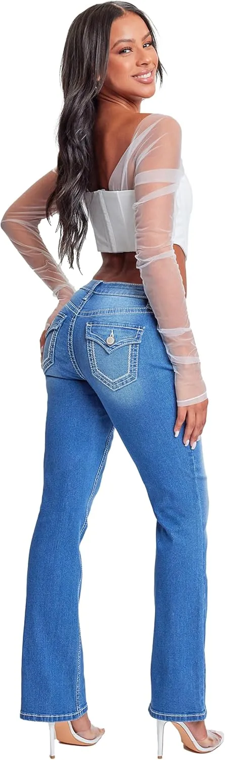 YMI Women's Heavy Stitch Bootcut Jeans with Embroidered Pockets