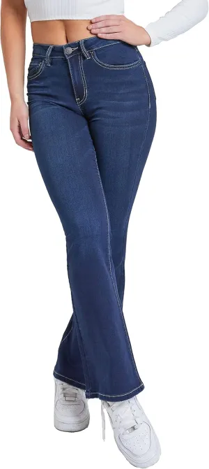 YMI Women's Hyper Denim Basic 5 Pkt 1 Btn Hr Flare Regular Inseam