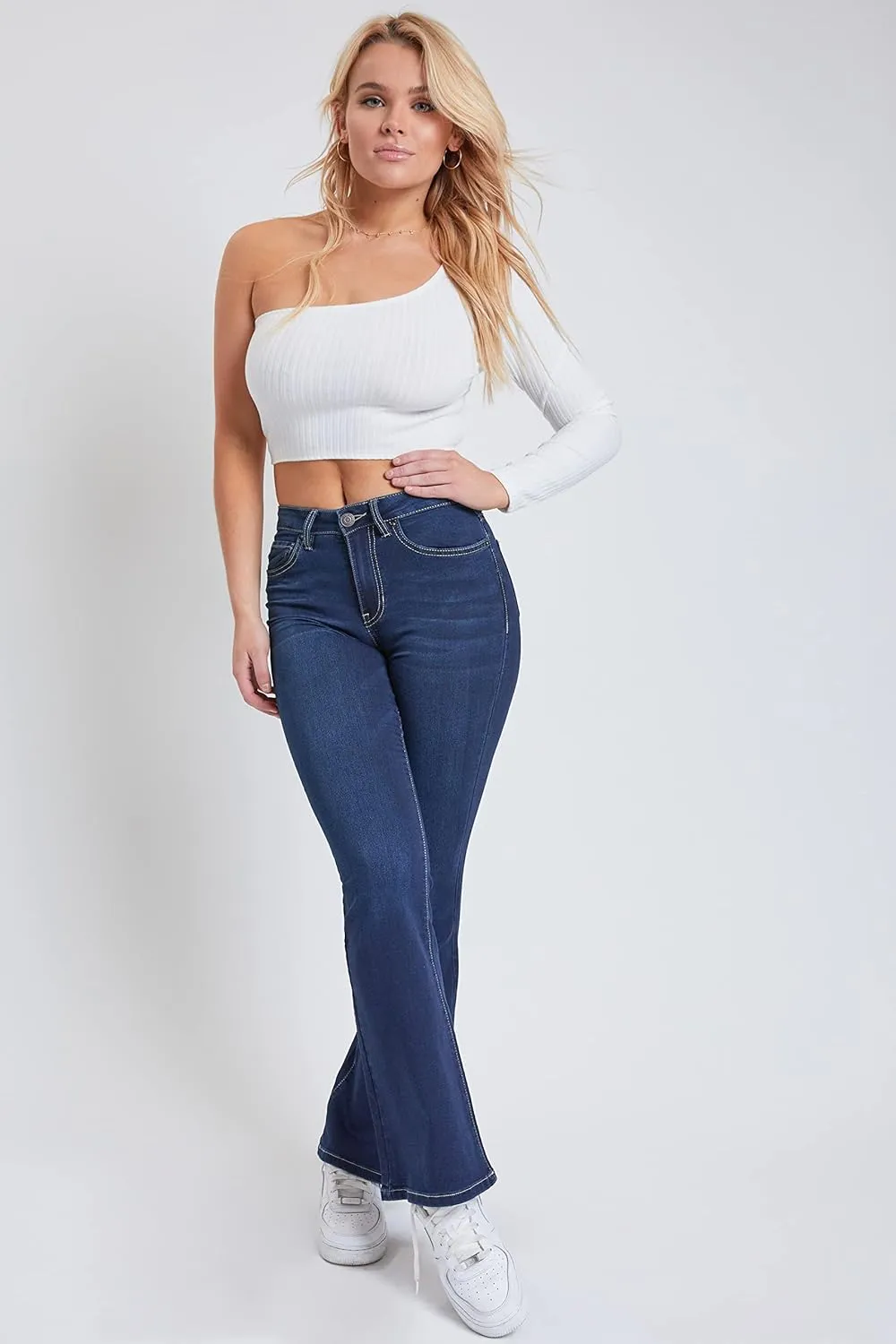 YMI Women's Hyper Denim Basic 5 Pkt 1 Btn Hr Flare Regular Inseam