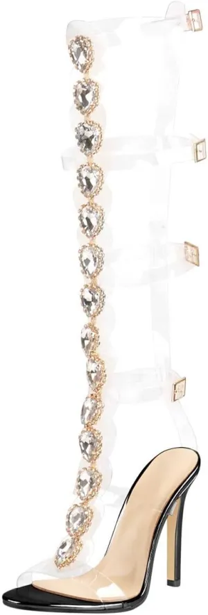 Yolkomo Women's Clear Strappy Gladiator Heels Rhinestones Stiletto Heels Ankle Strap Sandals