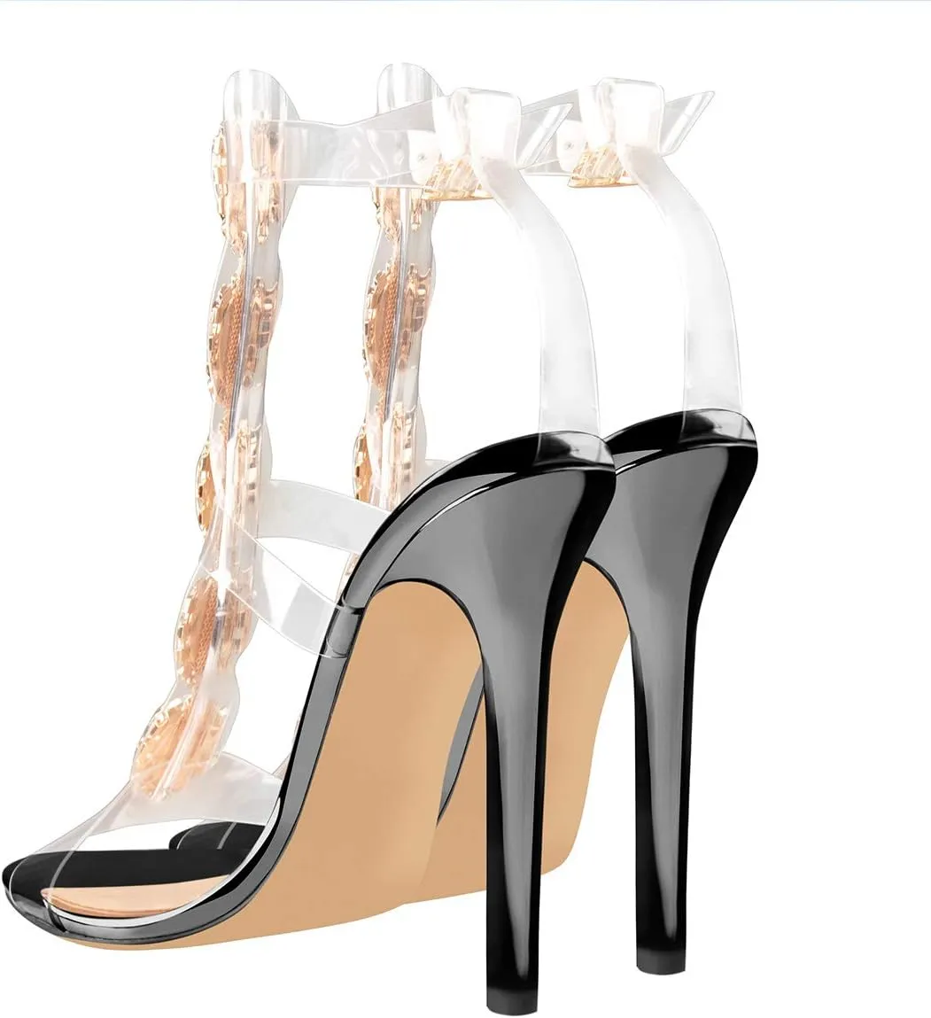 Yolkomo Women's Clear Strappy Gladiator Heels Rhinestones Stiletto Heels Ankle Strap Sandals