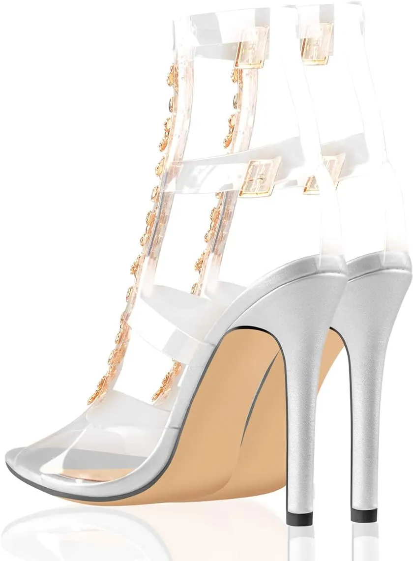 Yolkomo Women's Clear Strappy Gladiator Heels Rhinestones Stiletto Heels Ankle Strap Sandals