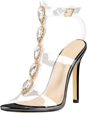 Yolkomo Women's Clear Strappy Gladiator Heels Rhinestones Stiletto Heels Ankle Strap Sandals