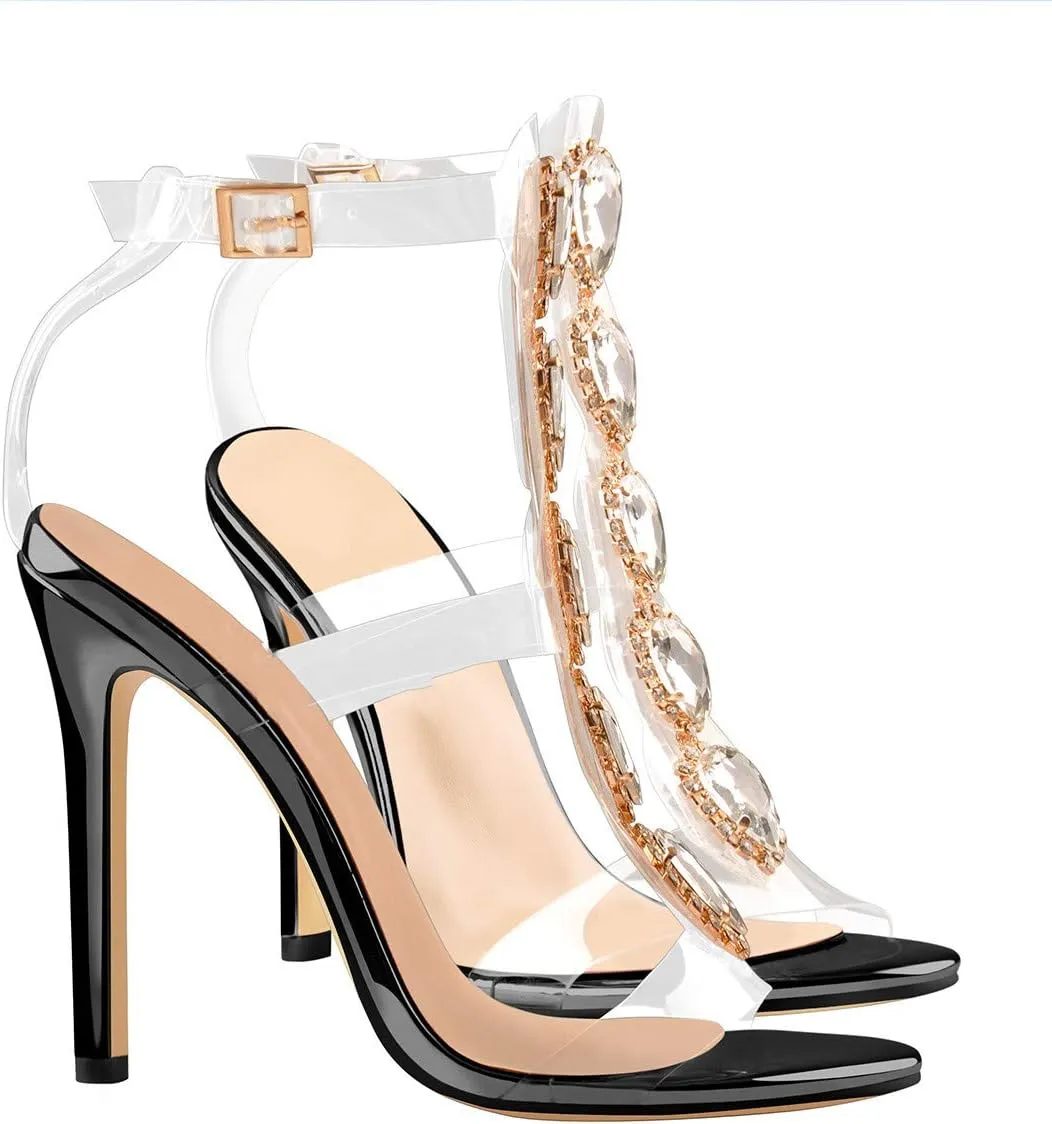 Yolkomo Women's Clear Strappy Gladiator Heels Rhinestones Stiletto Heels Ankle Strap Sandals
