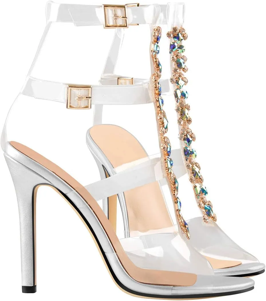 Yolkomo Women's Clear Strappy Gladiator Heels Rhinestones Stiletto Heels Ankle Strap Sandals