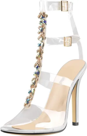 Yolkomo Women's Clear Strappy Gladiator Heels Rhinestones Stiletto Heels Ankle Strap Sandals