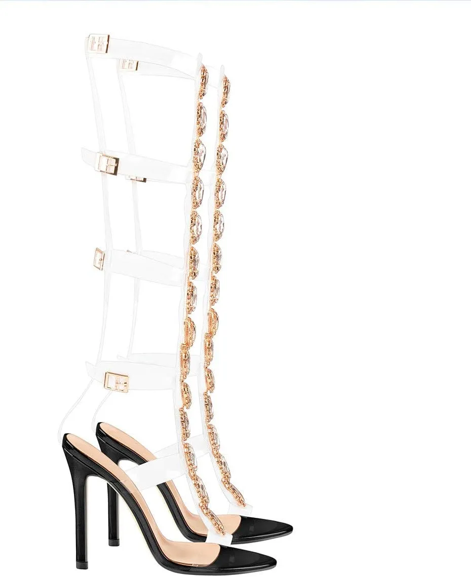 Yolkomo Women's Clear Strappy Gladiator Heels Rhinestones Stiletto Heels Ankle Strap Sandals