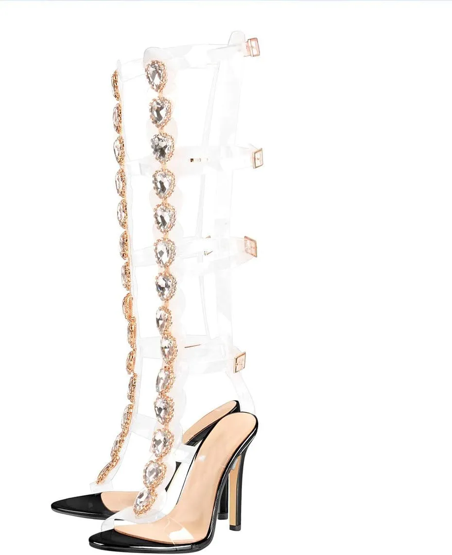 Yolkomo Women's Clear Strappy Gladiator Heels Rhinestones Stiletto Heels Ankle Strap Sandals