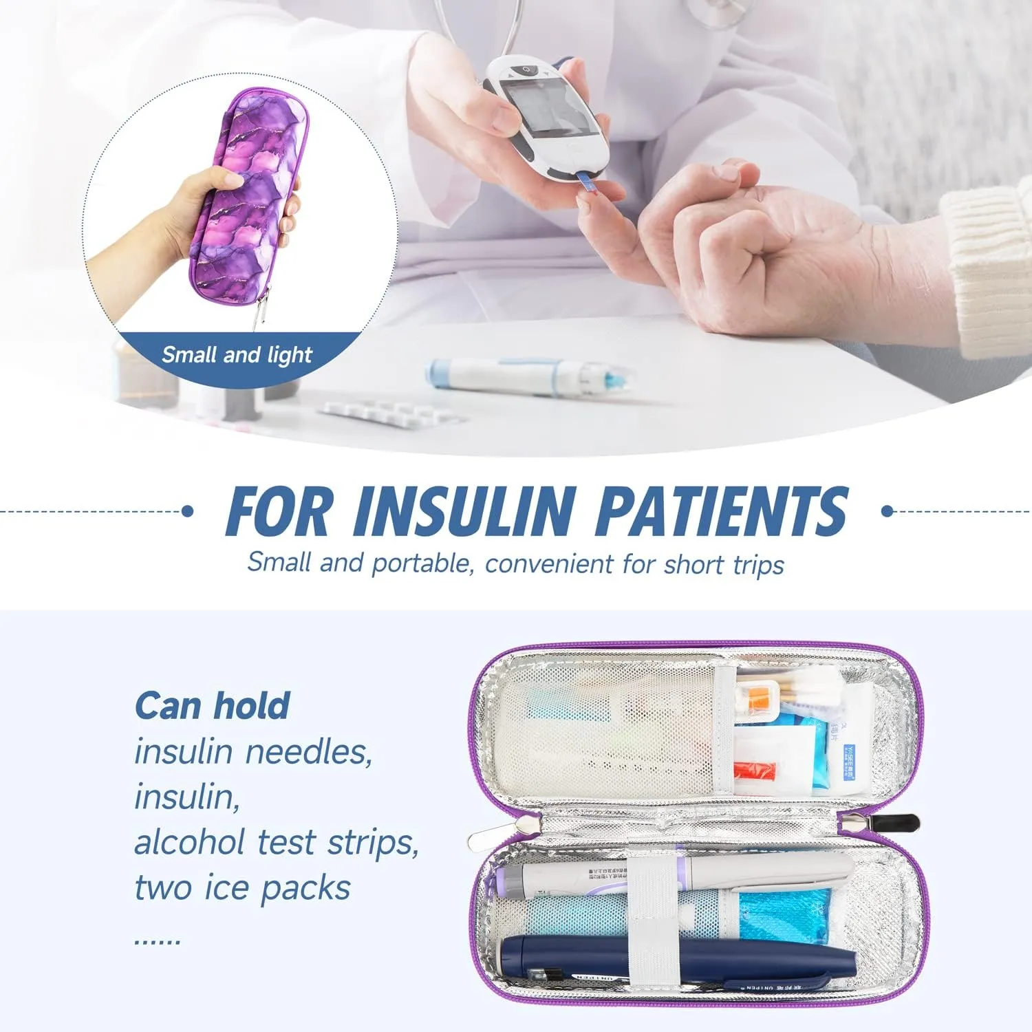 YOUSHARES Insulin Cooler Travel Case - Diabetic Insulated Organizer Portable Cooling Bag for Medication Cooling Insulation, Insulin Pen Case with 2 TSA Approved Travel Cooler Ice Pack (Marble Purple)