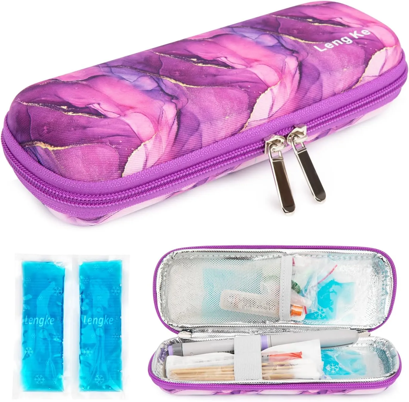 YOUSHARES Insulin Cooler Travel Case - Diabetic Insulated Organizer Portable Cooling Bag for Medication Cooling Insulation, Insulin Pen Case with 2 TSA Approved Travel Cooler Ice Pack (Marble Purple)