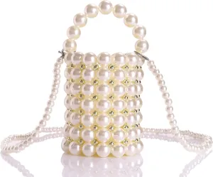 YUSHINY Beaded Handbag for Women White Pearl Decoration Evening Bags with Detachable Chain Inner Bag Medium