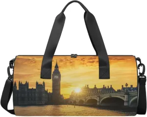 Yzrwebo Uk Westminster Palace Round Gym Bag for Men Women, Sunset Bridge Small Sport Yoga Bag, Ballet Dance Gymnastics Bag, Duffel Travel Camping Weekend Carry On Overnight Bags