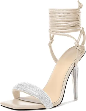 Zamikoo Women's High Heel Sandals, Ankle Strap Open Toe Heels, Square Toe Clear Stiletto Heeled Sandals 4 Inch