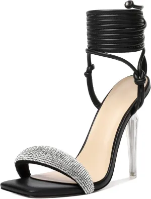 Zamikoo Women's High Heel Sandals, Ankle Strap Open Toe Heels, Square Toe Clear Stiletto Heeled Sandals 4 Inch