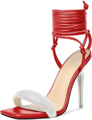 Zamikoo Women's High Heel Sandals, Ankle Strap Open Toe Heels, Square Toe Clear Stiletto Heeled Sandals 4 Inch