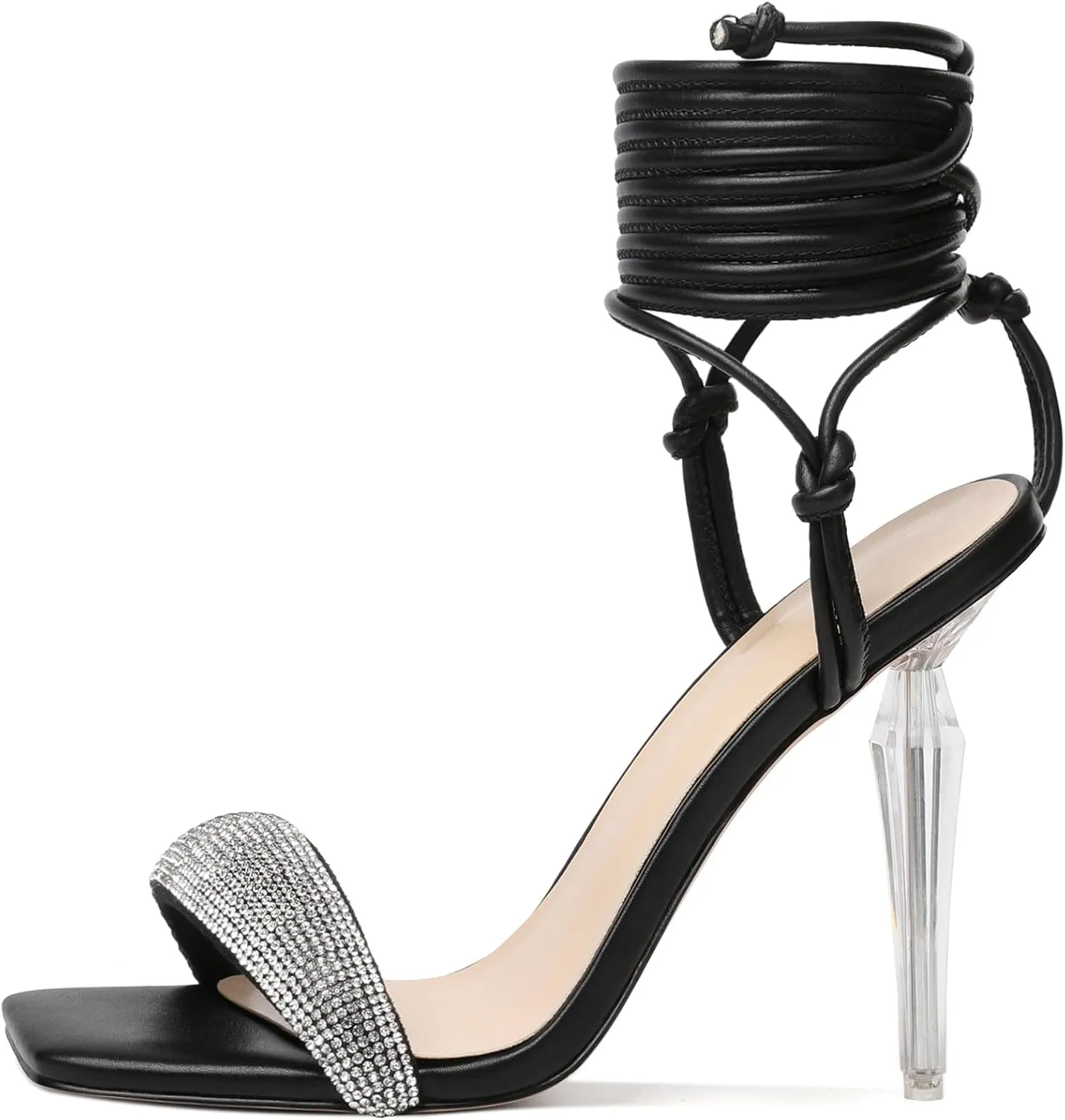 Zamikoo Women's High Heel Sandals, Ankle Strap Open Toe Heels, Square Toe Clear Stiletto Heeled Sandals 4 Inch