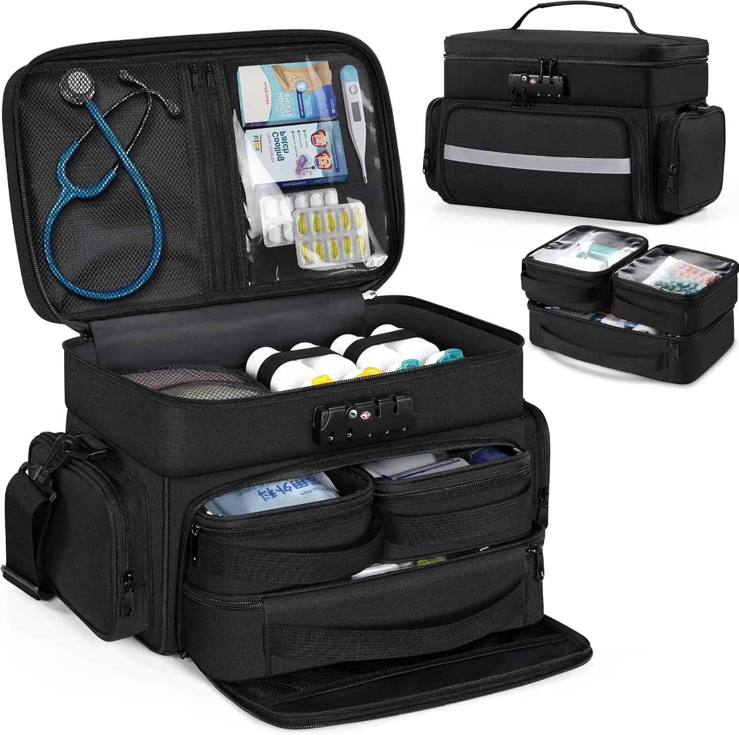 Zannaki Medicine Bag with 3 Removable Pouches, First Aid Bags Empty with Combination Lock, Double Layers Pill Bottle Organizer with Shoulder Strap, Large Medication Travel Storage for Medical Supplies