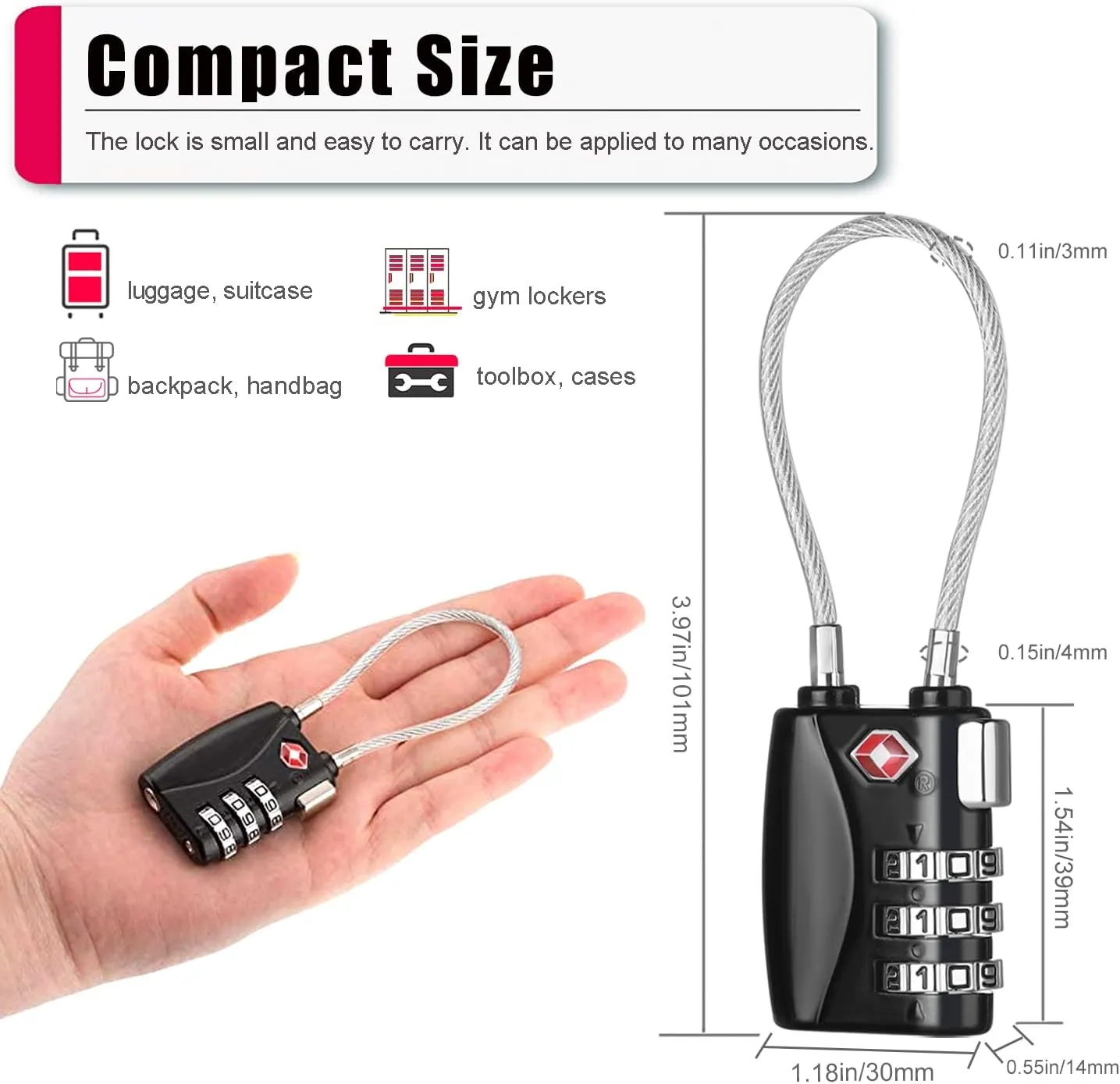 ZHEGE Luggage Locks, TSA Cable Travel Lock, Small Padlock for Gym, School, Suitcases, Baggage, Briefcase, Computer Bags (2 Pack, Black)
