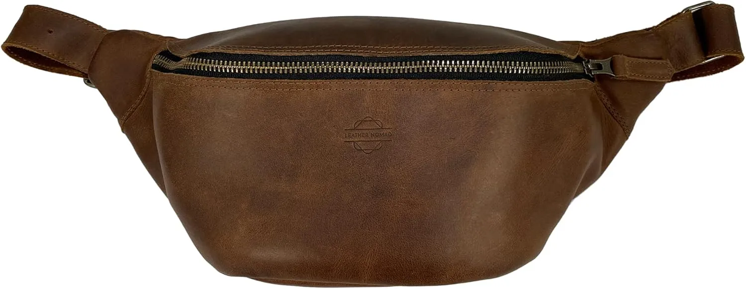 Zippered Fanny Pack Handmade from Full Grain Leather -Stylish Waist Bag, Store Money, Phone, Valuables for Travel - Bourbon Brown