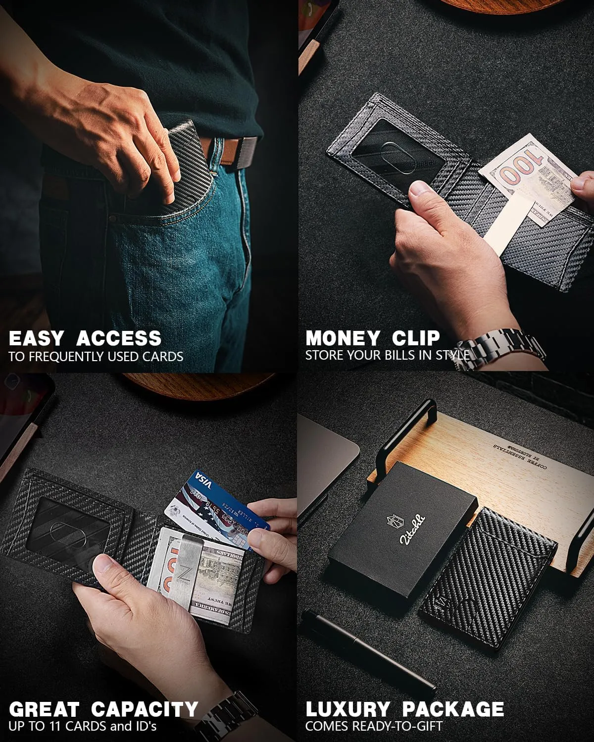 Zitahli Slim Wallets for Men - Leather Money Clip Mens Wallet - RFID Blocking Front Pocket Bifold Wallet - Minimalist Credit Card Holder with Gift Box