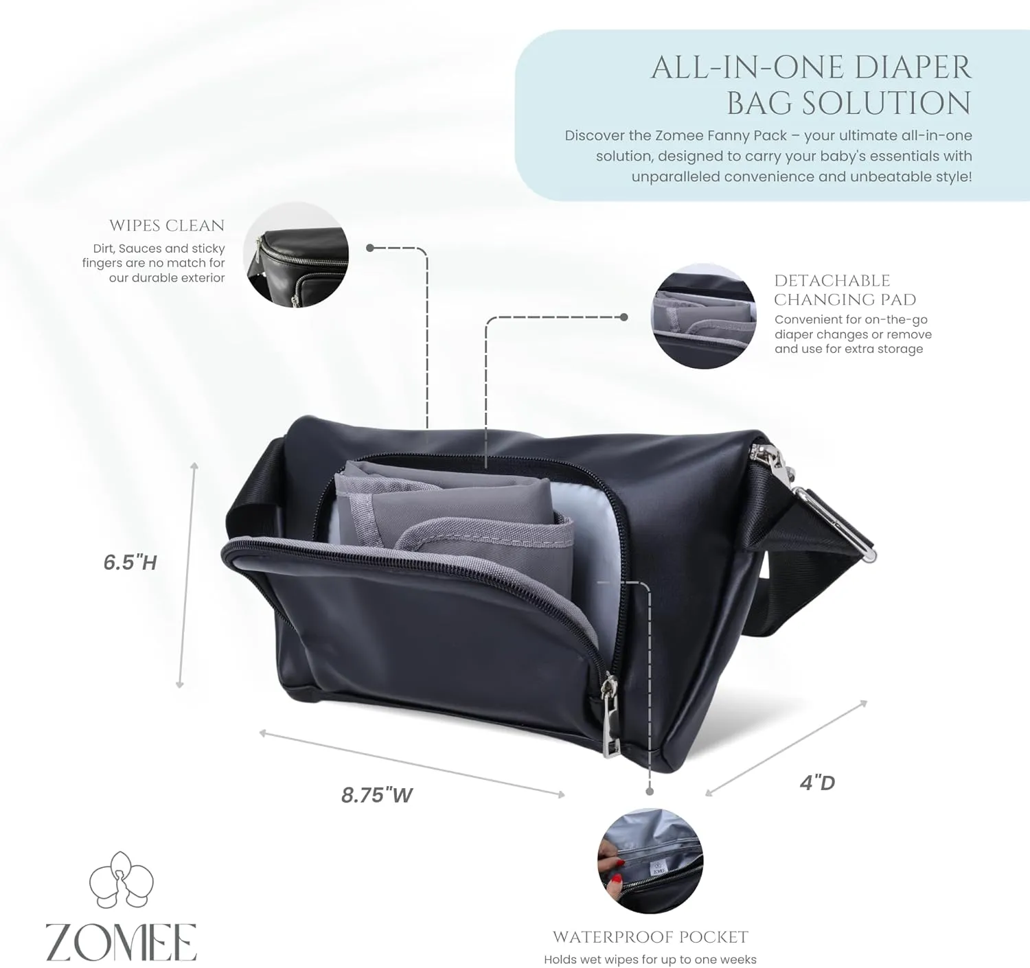 Zomee Multi-Functional Fanny Pack for Wearable Breast Pumps and Portable Diaper Changing Mat- Eco-Friendly and Stylish (BLACK)