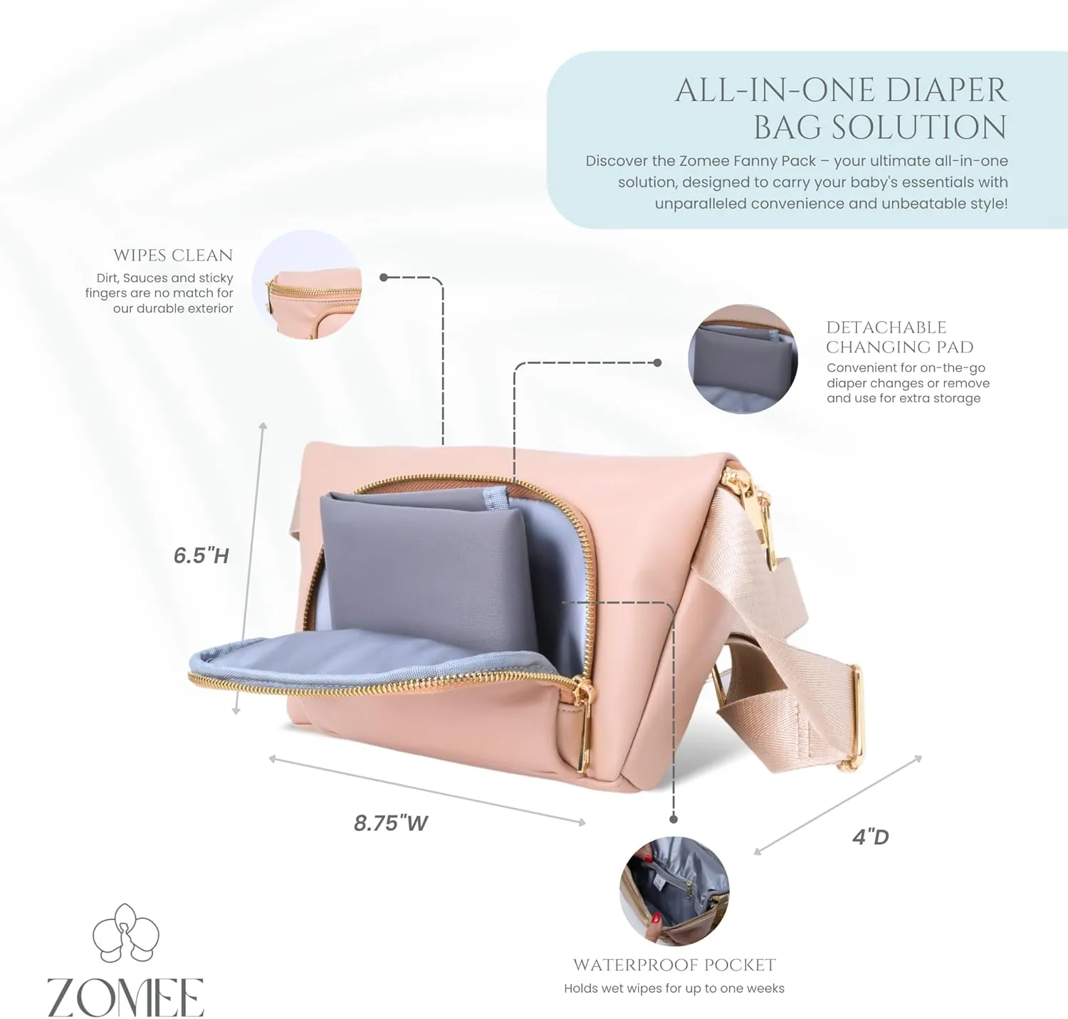 Zomee Multi-Functional Fanny Pack for Wearable Breast Pumps and Portable Diaper Changing Mat- Eco-Friendly and Stylish (TAN)