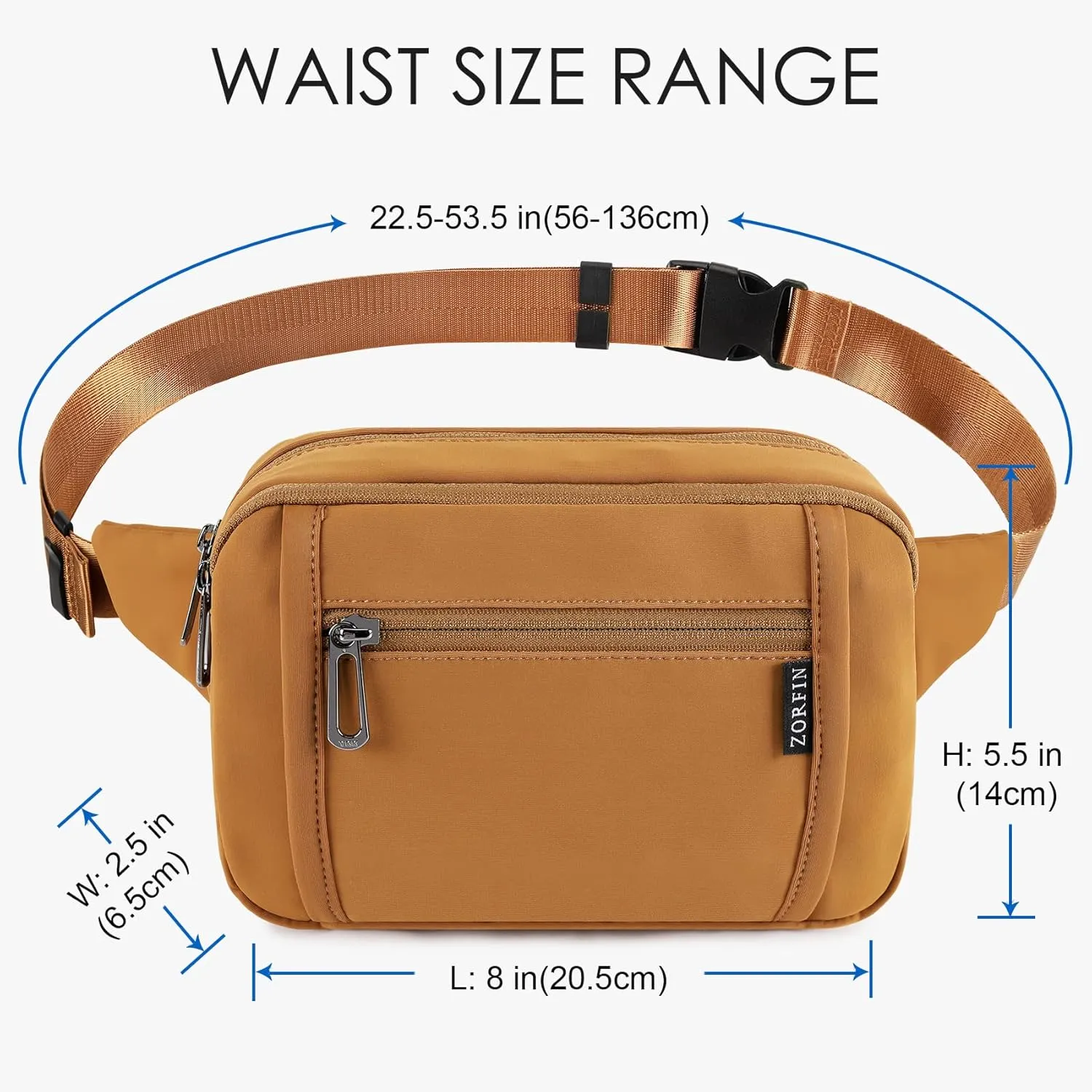 ZORFIN Fanny Packs for Women Men, Belt Bag with 5 Zipper Pockets, Fashion Waist Pack Crossbody Bag with Adjustable Belt for Travel/Shopping/Hiking/Running/Cycling (Brown, Gray Zipper)