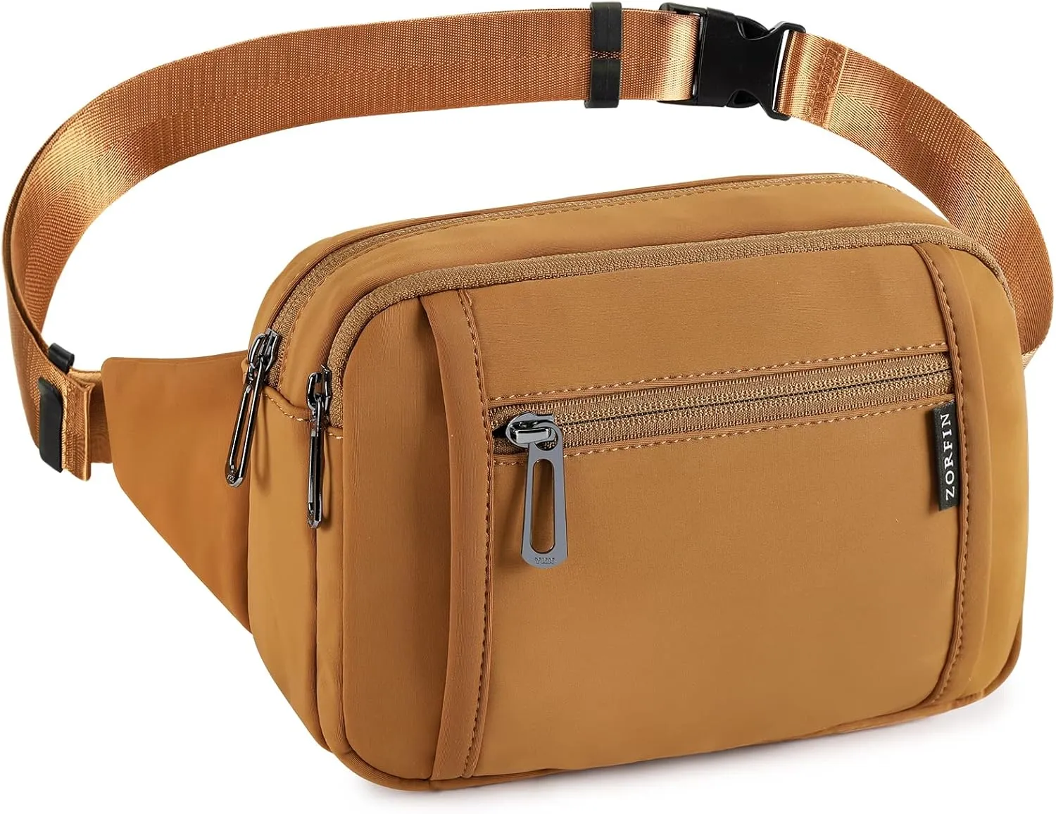 ZORFIN Fanny Packs for Women Men, Belt Bag with 5 Zipper Pockets, Fashion Waist Pack Crossbody Bag with Adjustable Belt for Travel/Shopping/Hiking/Running/Cycling (Brown, Gray Zipper)