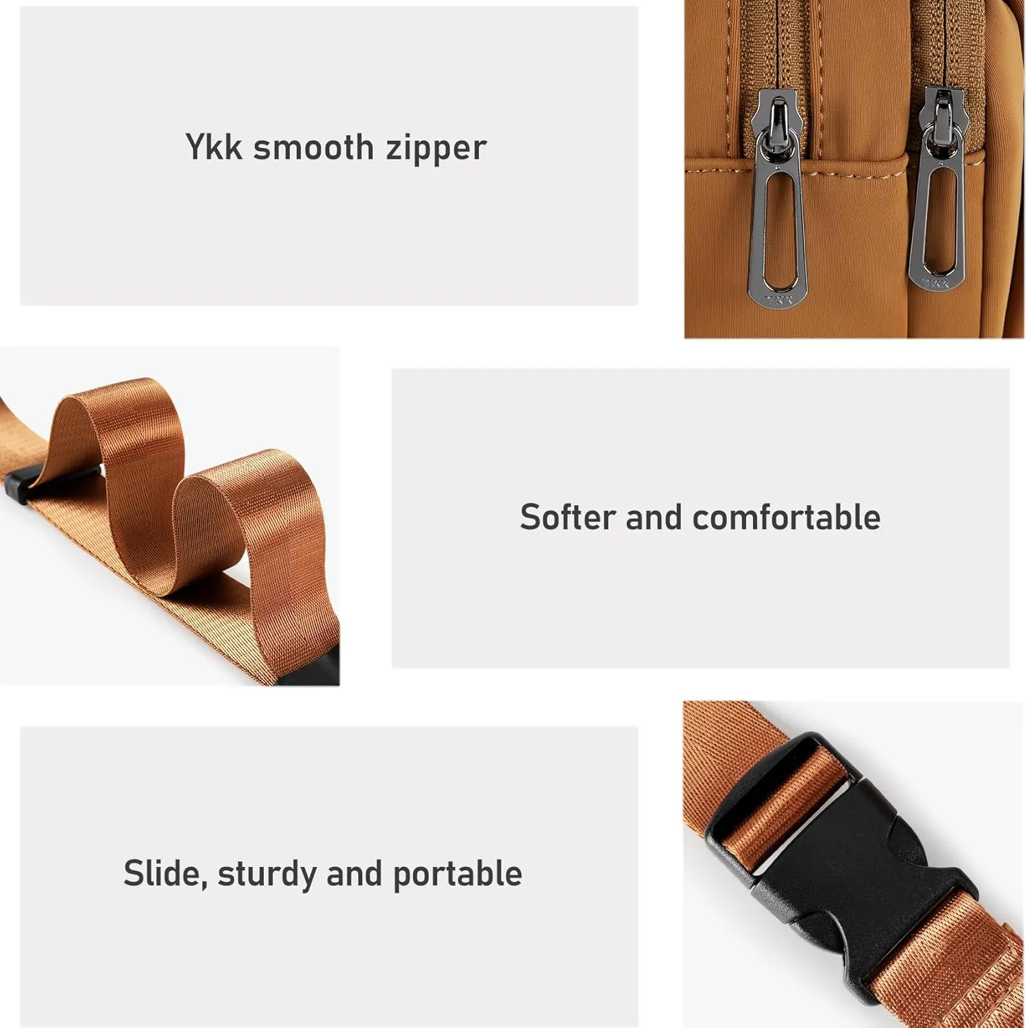 ZORFIN Fanny Packs for Women Men, Belt Bag with 5 Zipper Pockets, Fashion Waist Pack Crossbody Bag with Adjustable Belt for Travel/Shopping/Hiking/Running/Cycling (Brown, Gray Zipper)