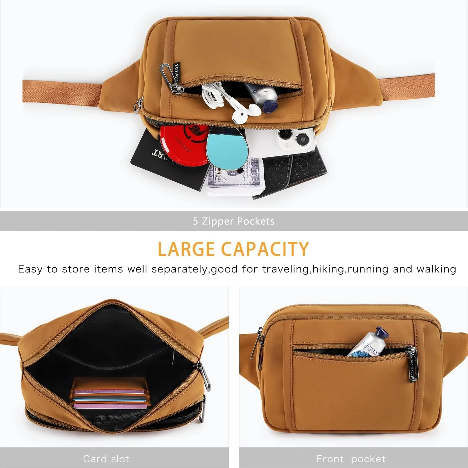 ZORFIN Fanny Packs for Women Men, Belt Bag with 5 Zipper Pockets, Fashion Waist Pack Crossbody Bag with Adjustable Belt for Travel/Shopping/Hiking/Running/Cycling (Brown, Gray Zipper)