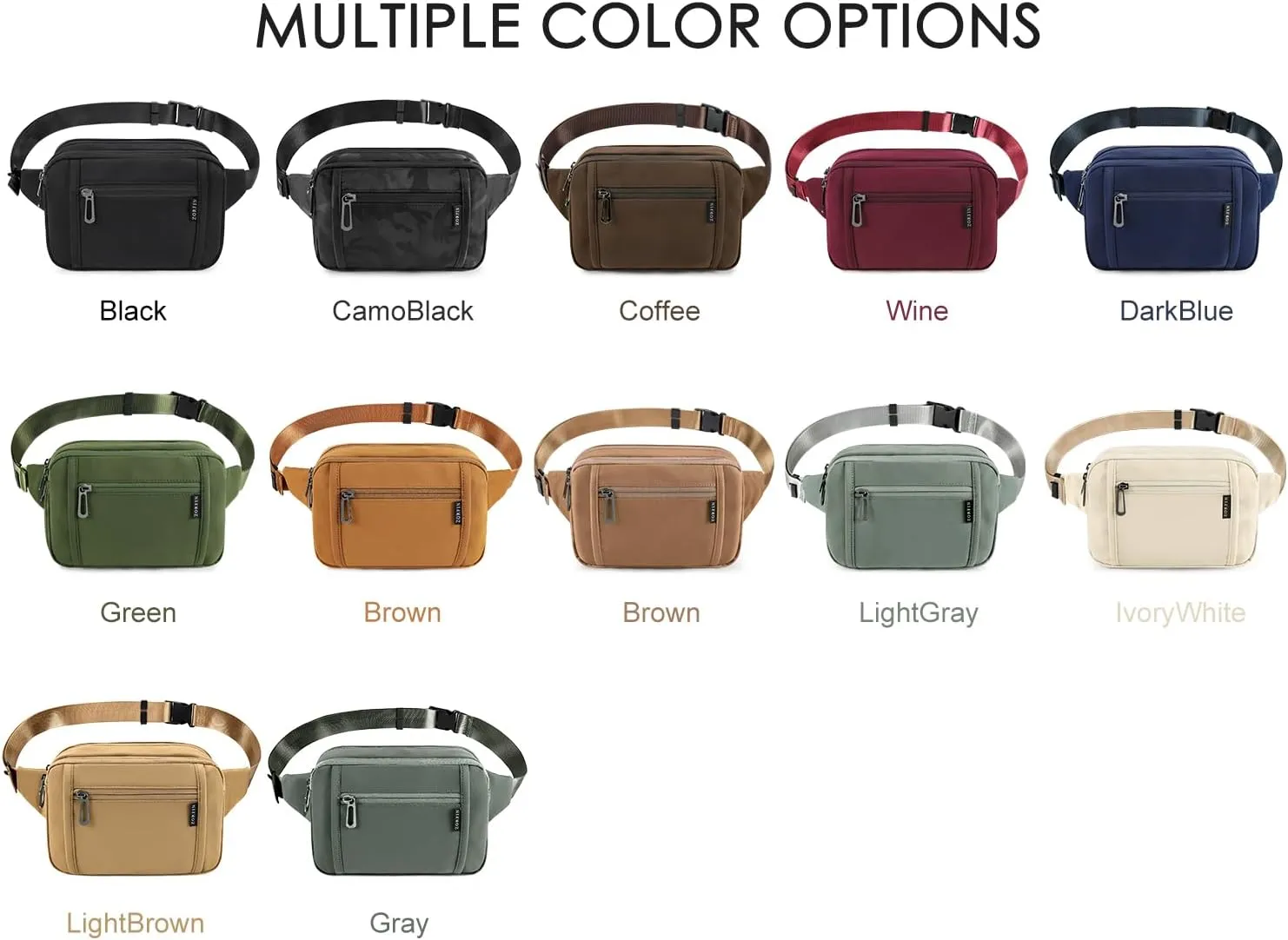 ZORFIN Fanny Packs for Women Men, Belt Bag with 5 Zipper Pockets, Fashion Waist Pack Crossbody Bag with Adjustable Belt for Travel/Shopping/Hiking/Running/Cycling (Brown, Gray Zipper)