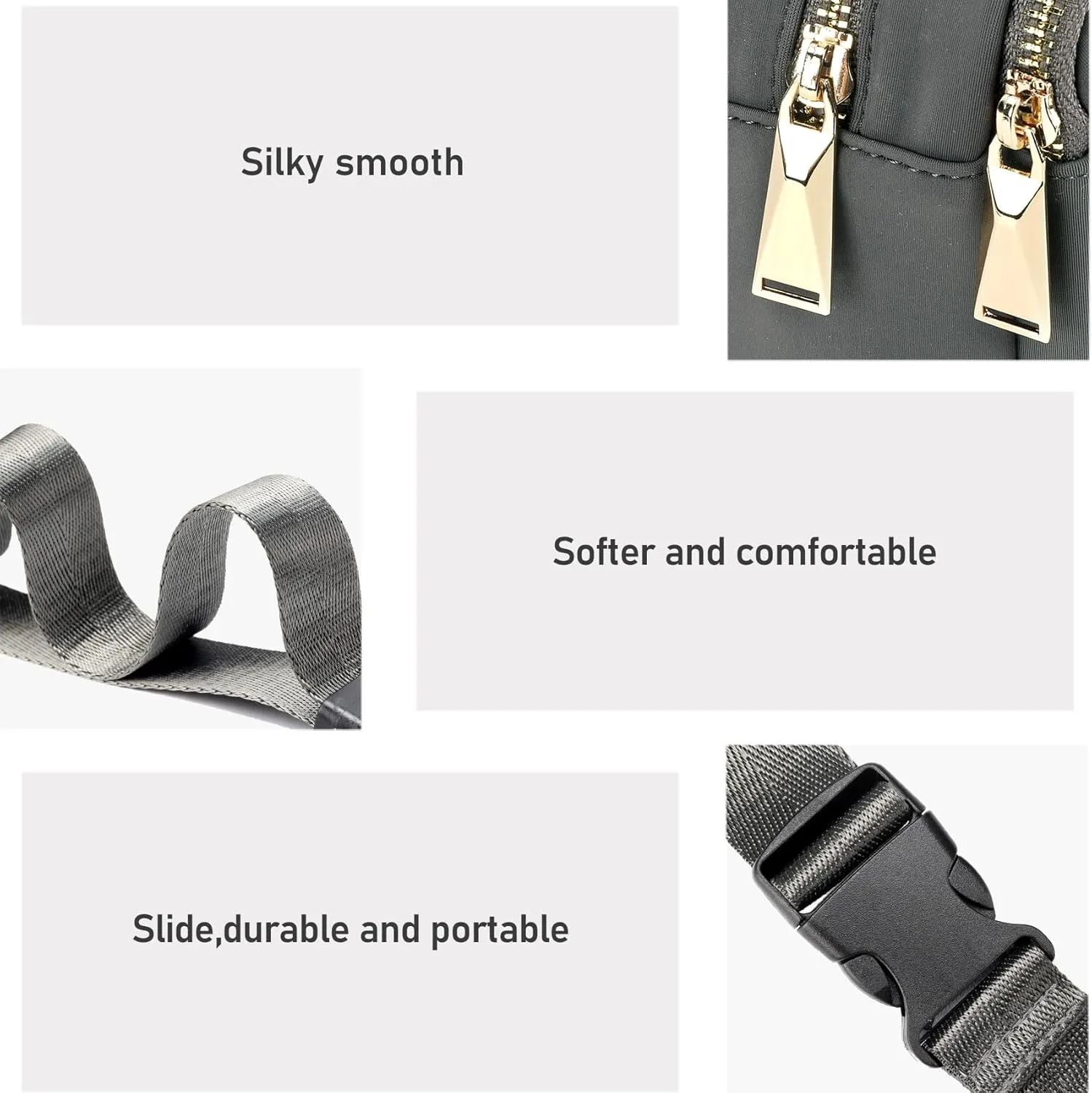 ZORFIN Fanny Packs for Women Men, Belt Bag with 5 Zipper Pockets, Fashion Waist Pack Crossbody Bag with Adjustable Belt for Travel/Shopping/Hiking/Running/Cycling (Gray)
