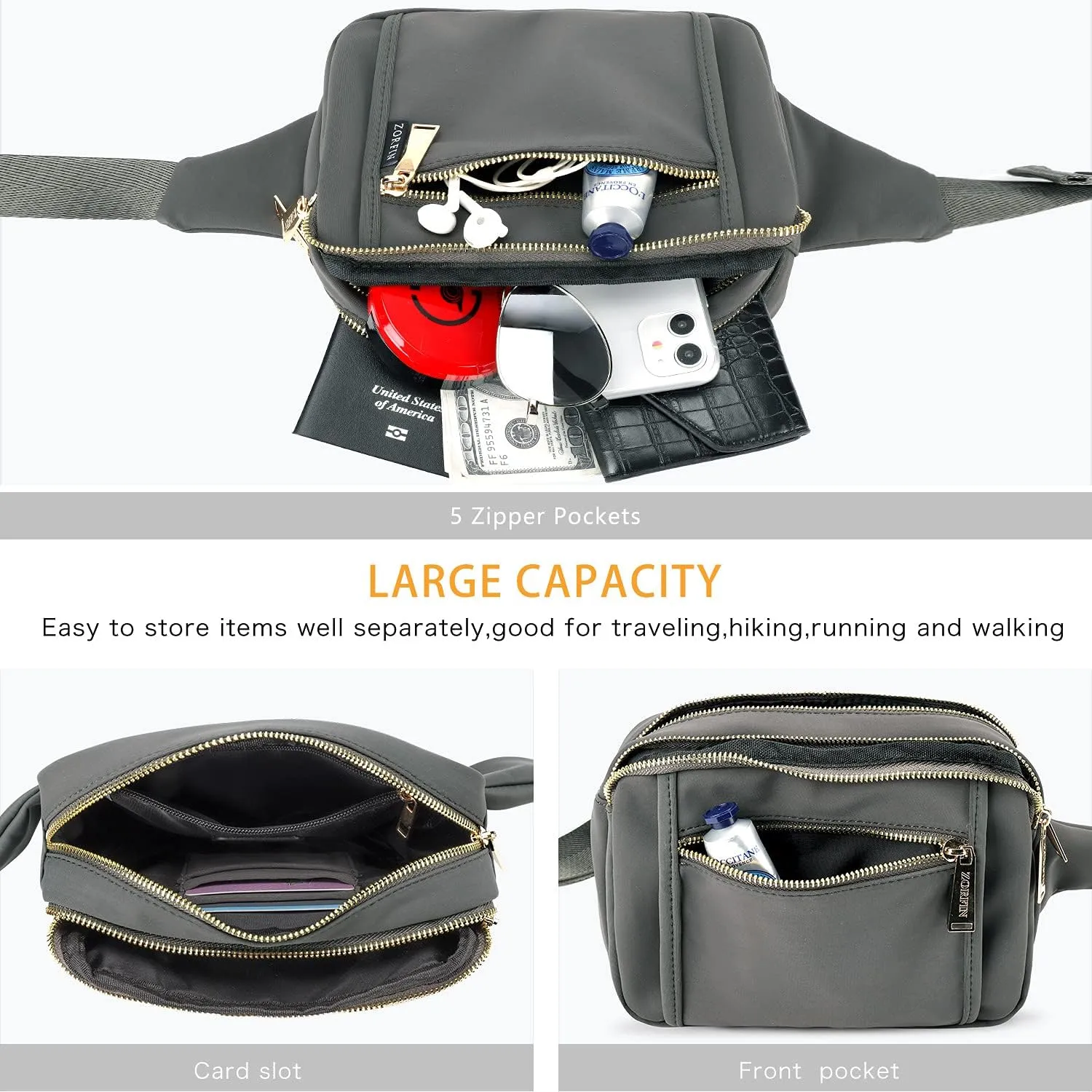 ZORFIN Fanny Packs for Women Men, Belt Bag with 5 Zipper Pockets, Fashion Waist Pack Crossbody Bag with Adjustable Belt for Travel/Shopping/Hiking/Running/Cycling (Gray)