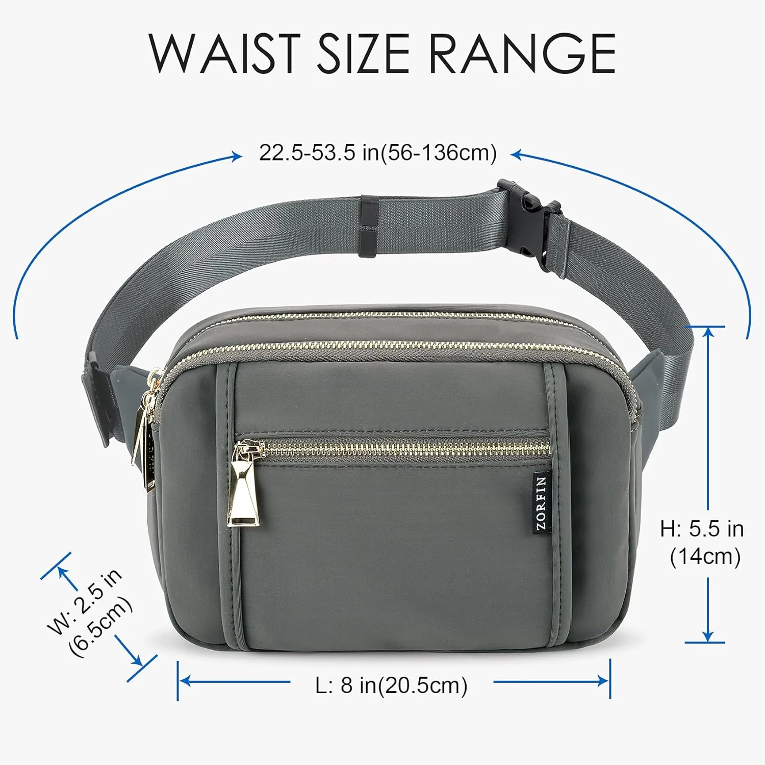ZORFIN Fanny Packs for Women Men, Belt Bag with 5 Zipper Pockets, Fashion Waist Pack Crossbody Bag with Adjustable Belt for Travel/Shopping/Hiking/Running/Cycling (Gray)