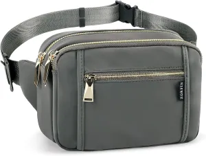 ZORFIN Fanny Packs for Women Men, Belt Bag with 5 Zipper Pockets, Fashion Waist Pack Crossbody Bag with Adjustable Belt for Travel/Shopping/Hiking/Running/Cycling (Gray)
