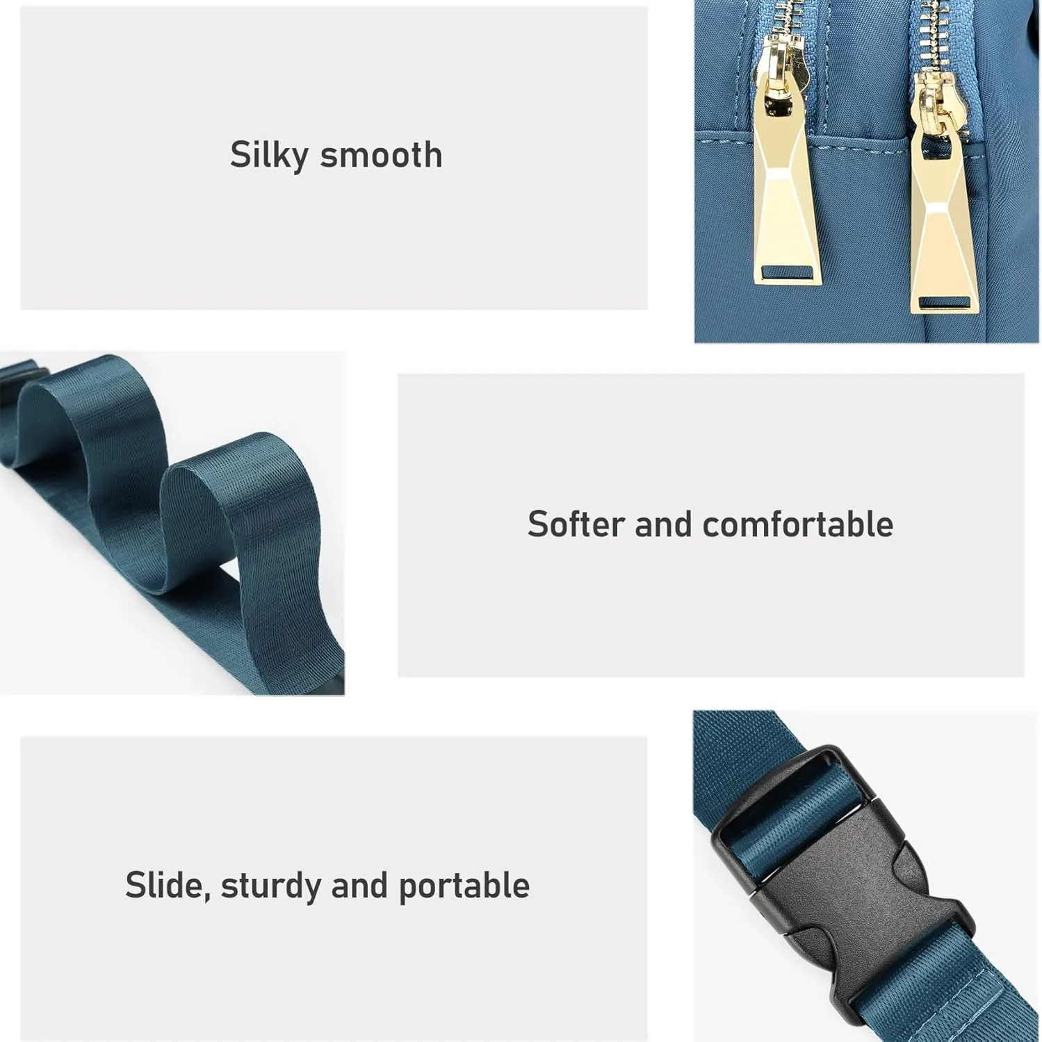 ZORFIN Fanny Packs for Women Men, Belt Bag with 5 Zipper Pockets, Fashion Waist Pack Crossbody Bag with Adjustable Belt for Travel/Shopping/Hiking/Running/Cycling（Grey Blue）