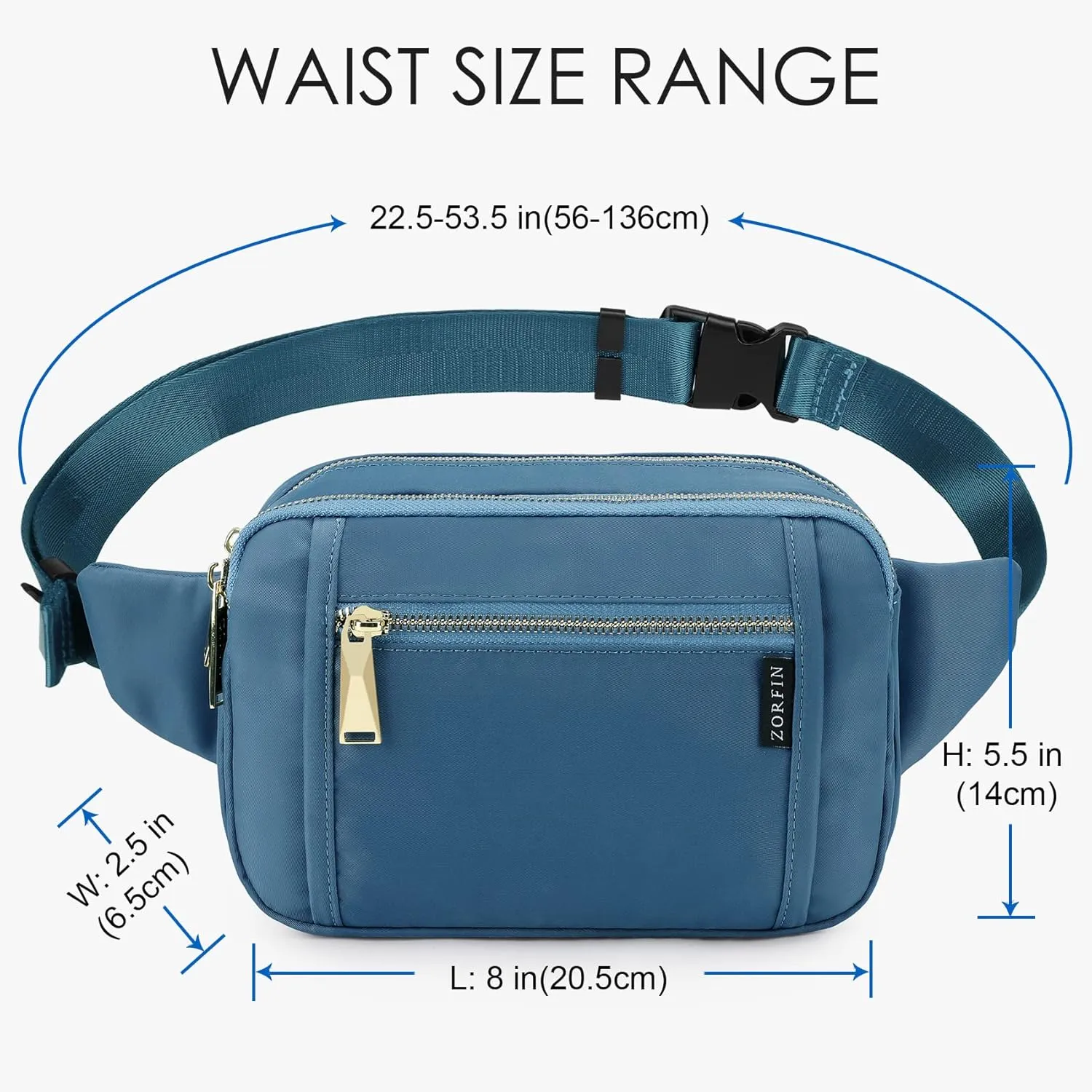 ZORFIN Fanny Packs for Women Men, Belt Bag with 5 Zipper Pockets, Fashion Waist Pack Crossbody Bag with Adjustable Belt for Travel/Shopping/Hiking/Running/Cycling（Grey Blue）
