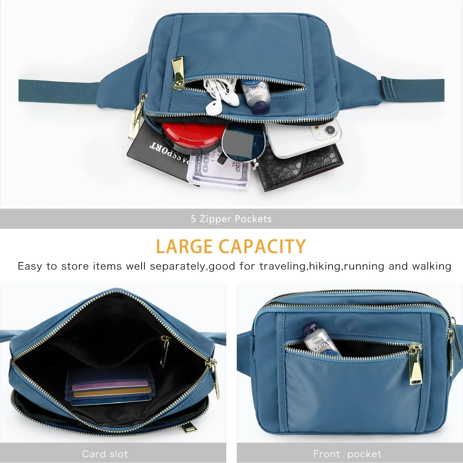 ZORFIN Fanny Packs for Women Men, Belt Bag with 5 Zipper Pockets, Fashion Waist Pack Crossbody Bag with Adjustable Belt for Travel/Shopping/Hiking/Running/Cycling（Grey Blue）