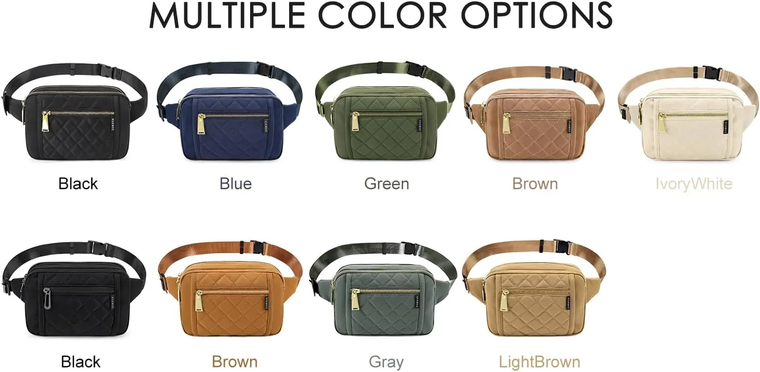 ZORFIN Fanny Packs for Women Men, Quilted Belt Bag with 5 Zipper Pockets, Fashion Waist Pack Crossbody Bag with Adjustable Belt for Travel/Shopping/Hiking/Running/Cycling (Quilted Light Brown)