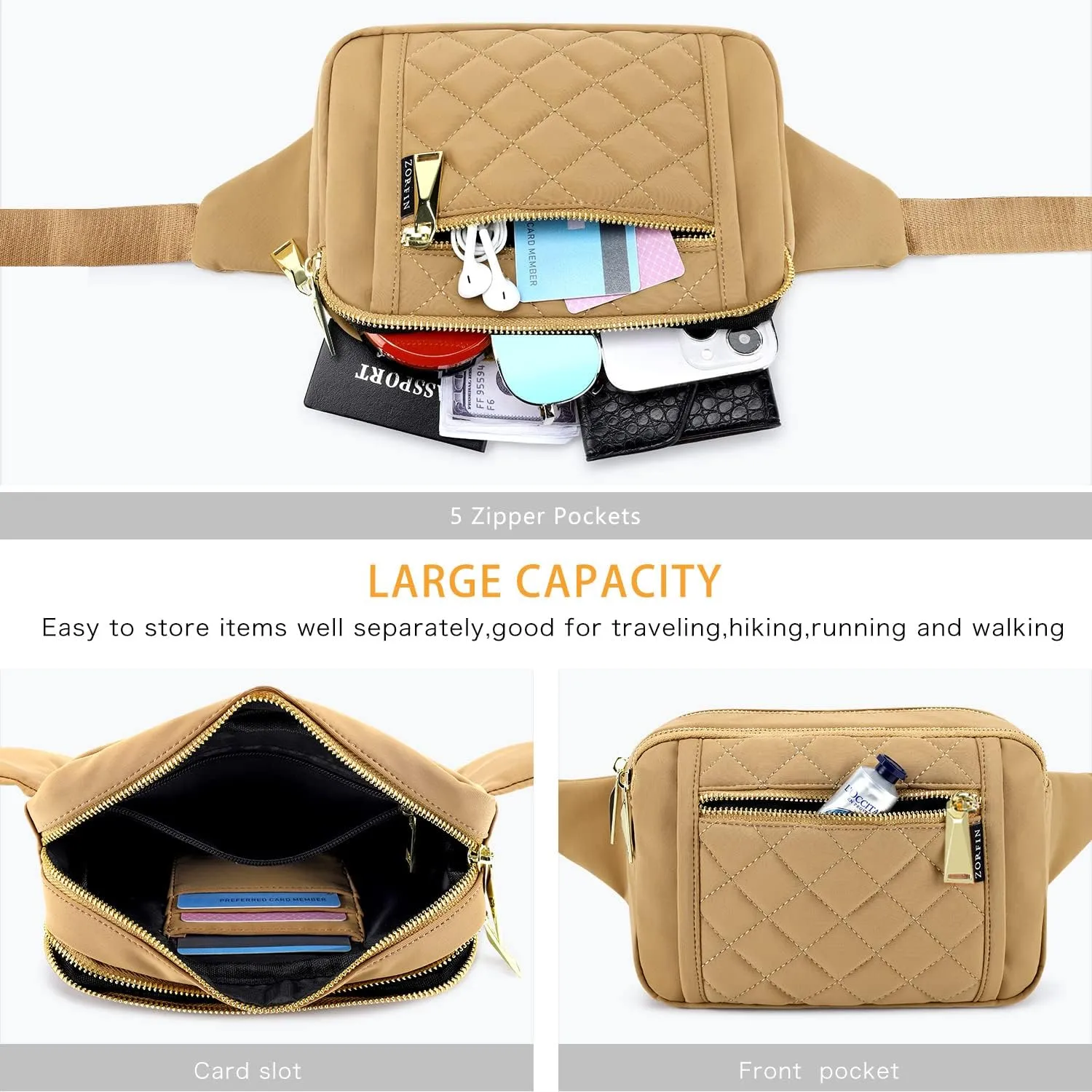 ZORFIN Fanny Packs for Women Men, Quilted Belt Bag with 5 Zipper Pockets, Fashion Waist Pack Crossbody Bag with Adjustable Belt for Travel/Shopping/Hiking/Running/Cycling (Quilted Light Brown)